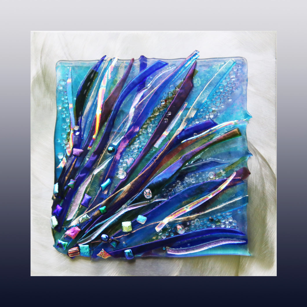 Blue Sea Grass Fused Glass Mounted Panel